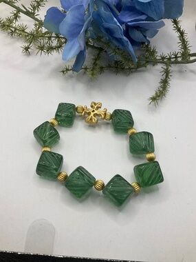 Tory Burch Green Glass Cube Bracelet with Gold Accent